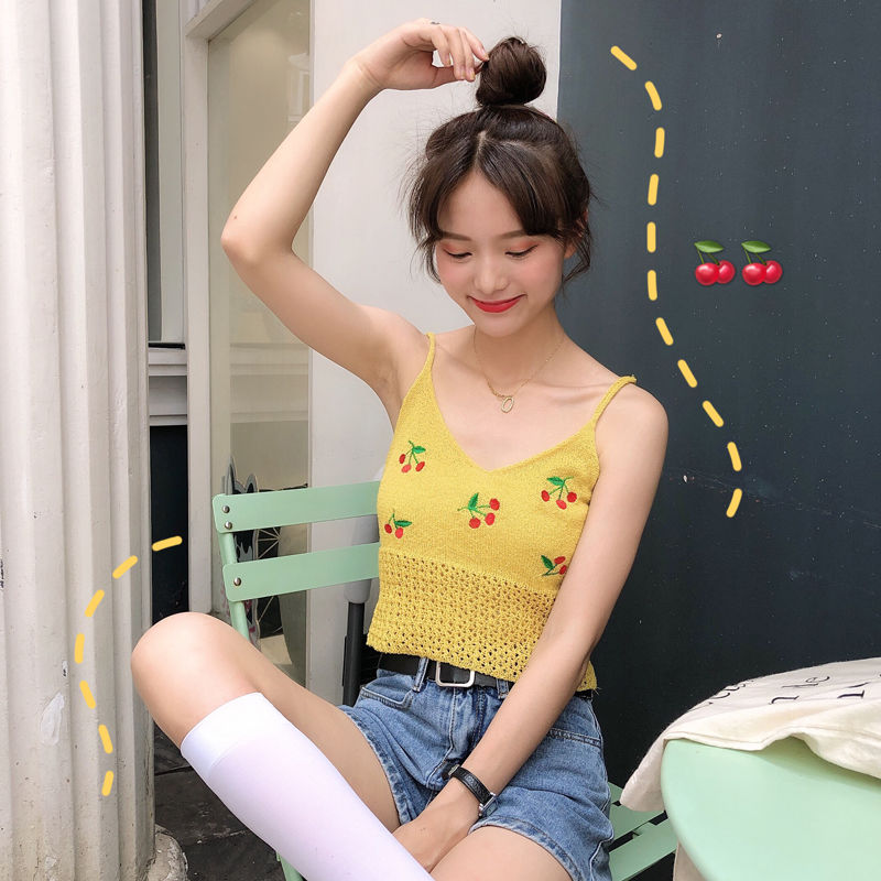 Áo Tank Top Dệt Kim Hoạ Tiết Cherry Phong Cách Retro