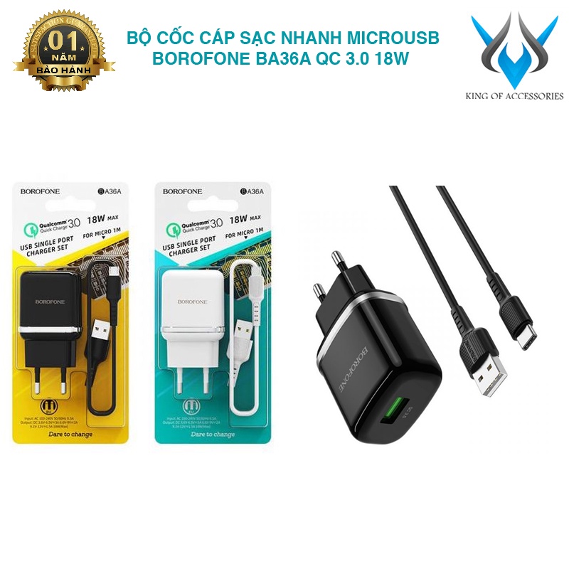 Bộ cốc cáp sạc nhanh Borofone BA36A microUSB hỗ trợ QC 3.0 công suất 18W (nhiều màu)