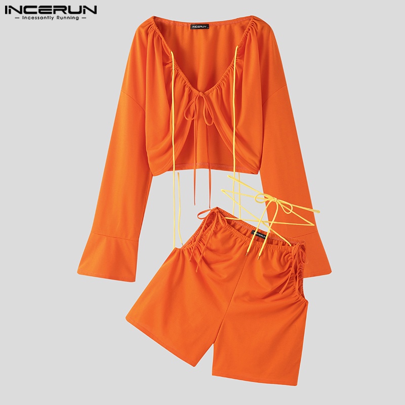 Set áo croptop tay dài + quần short INCERUN dáng rộng thời trang cho nam giới