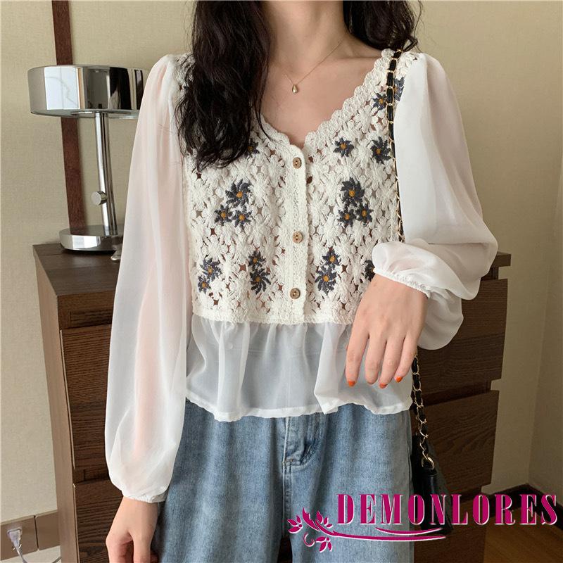 Áo Sơ Mi Chiffon Tay Dài Cổ Chữ V Thêu Hoa Thời Trang Mùa Thu Cho Nữ