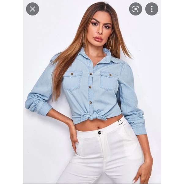 Áo sơ mi denim VNXK jeans blouse tie front áo bò jean giấy tay dài cột nơ trước xuất khẩu dư xịn