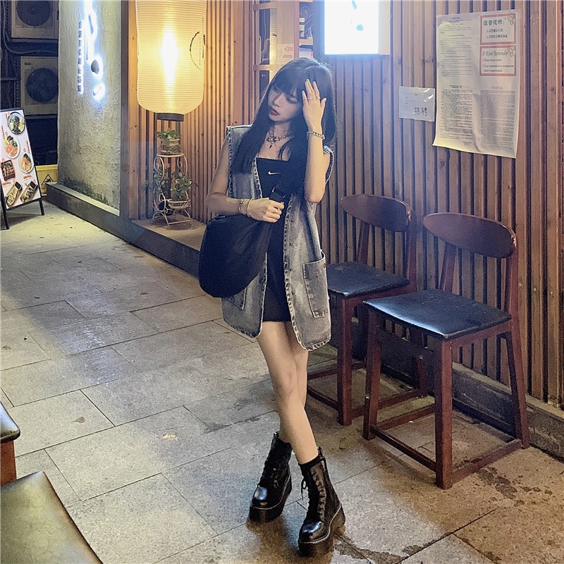 Áo khoác vải denim không tay dáng rộng thời trang retro Hàn Quốc dành cho nữ A1