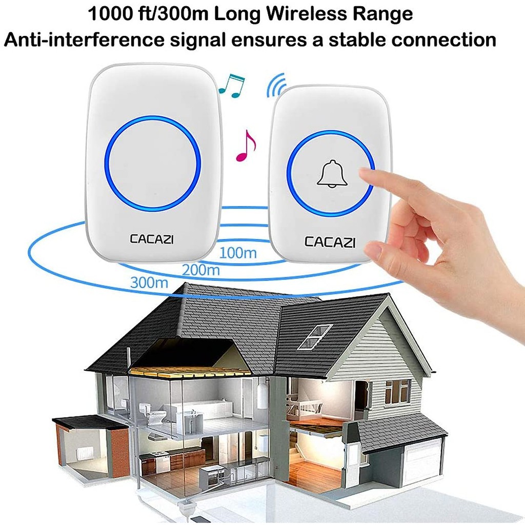 Chuông Cửa Không Dây Thông Minh CACAZI A10-2 (1 Nút Bấm, 2 Chuông ), Chống Nước, Khoảng Cách Sử Dụng Hiệu Quả 300m
