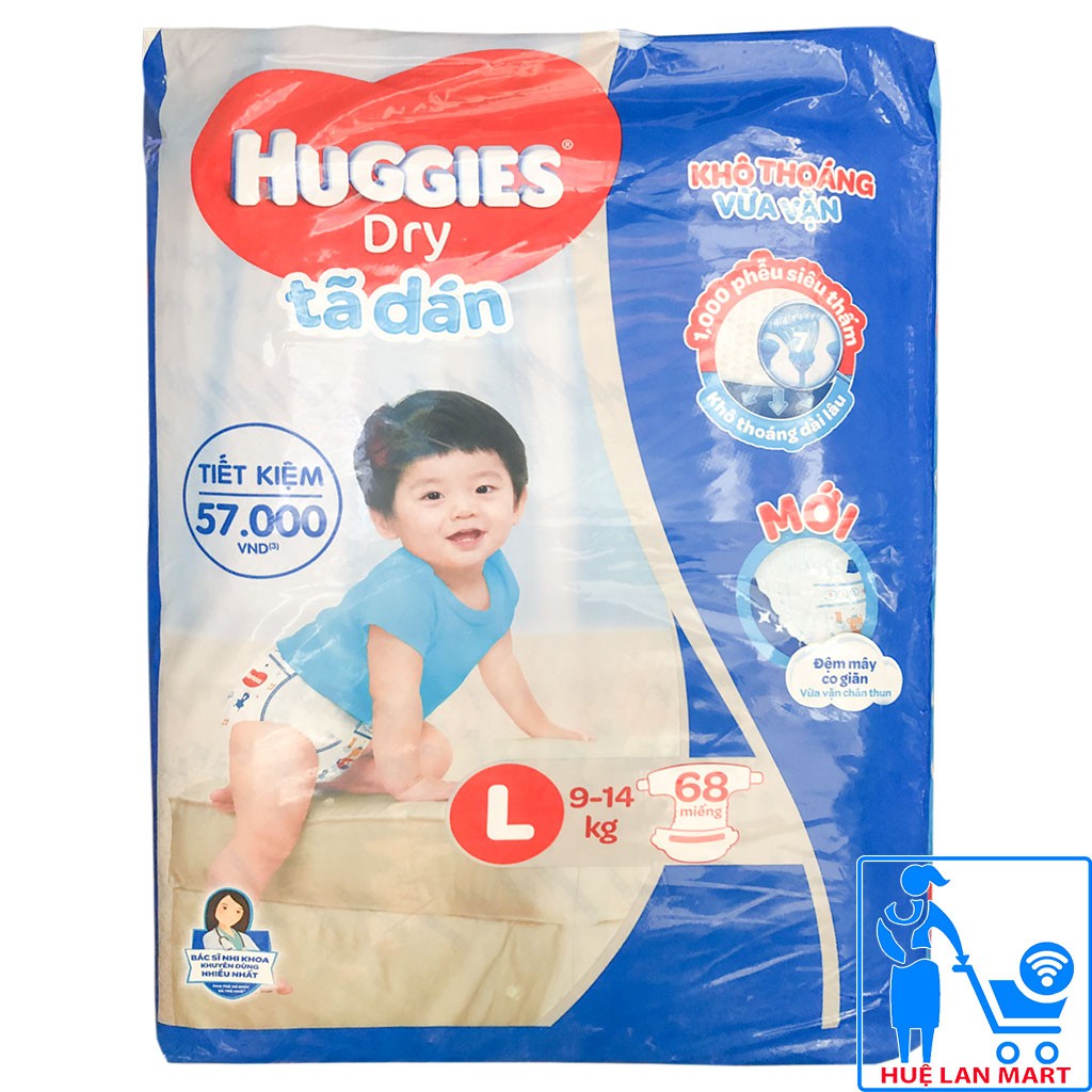 [CHÍNH HÃNG] Bỉm - Tã Dán Huggies Dry Size L68 (Cho Bé 9-14kg)