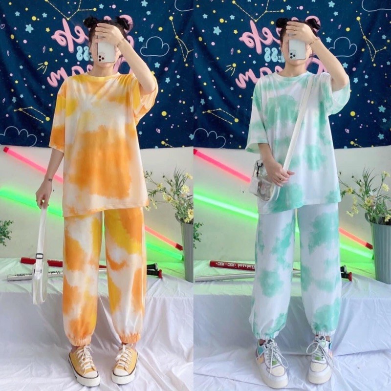 Bộ Thun Loang Màu Trơn Ảnh Thật(Quần Jogger-Thun Tay Lửng)