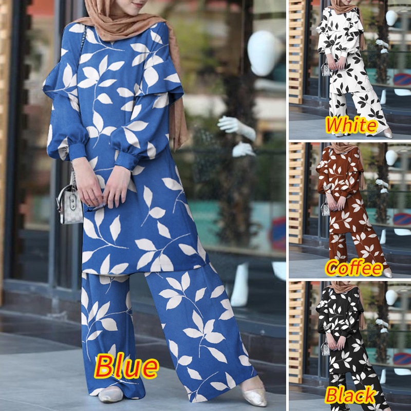 Zanzea Bộ Đồ Hồi Giáo Dáng Thẳng / Xếp Nếp Tay Phồng In Họa Tiết Lá Cây Có Nút