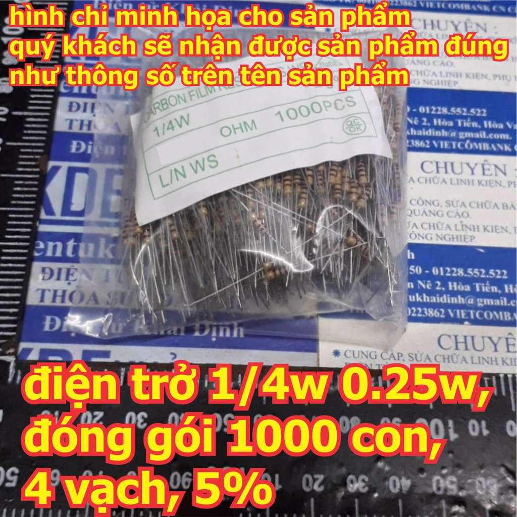 điện trở 1/4w 0.25w, đóng gói 1000 con, 4 vạch, 5%, 4.7ohm/100ohm/470ohm/1kohm/10kohm KDE0277