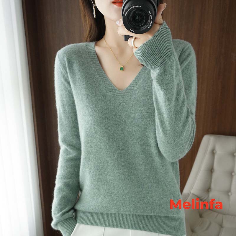 Áo len nữ cổ tim dài tay dáng thụng bo gấu chất len mềm mịn co giãn thời trang Hàn Quốc mặc mùa thu đông mã VAA0228