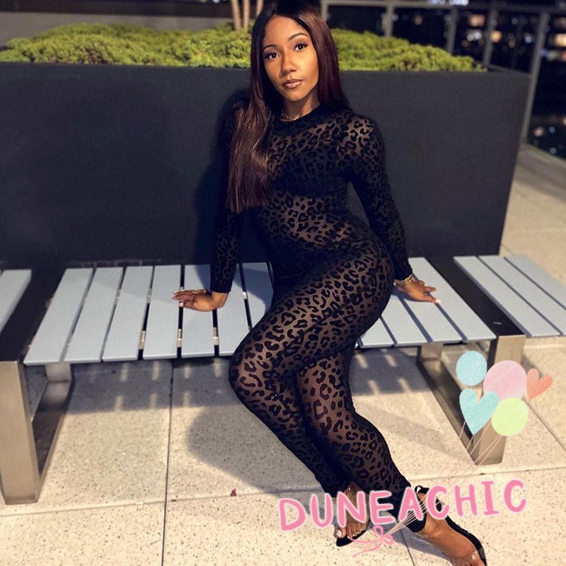 DUNEA Áo liền quần Tay Dài Xuyên Thấu Họa Tiết Da Báo Quyến Rũ Cho Nữ