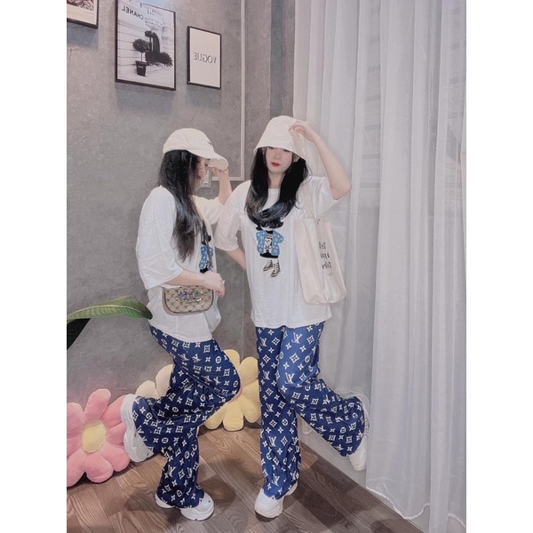 Set áo cotton cô gái mang kiếng thêu quần gân suông hot hit