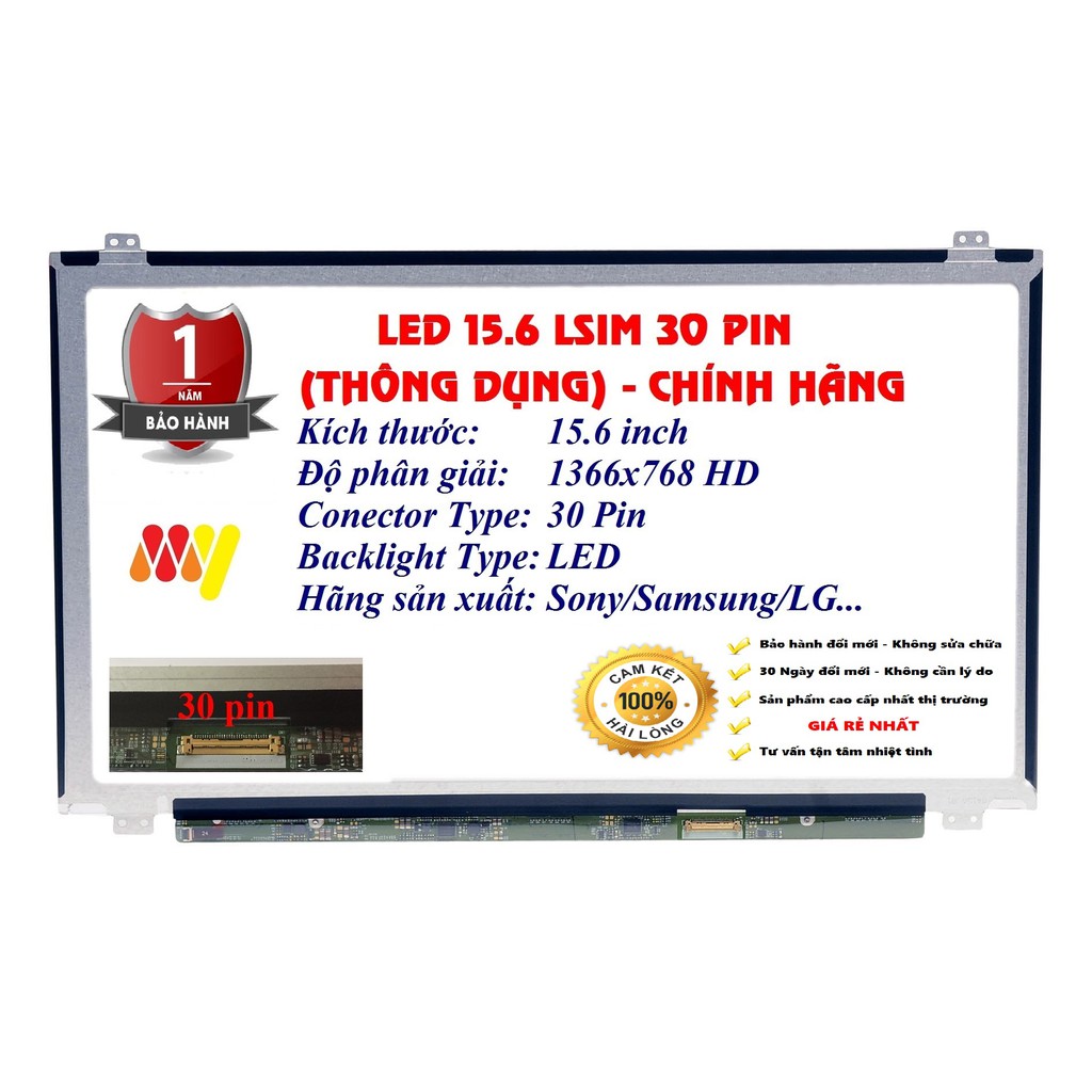 Màn hình laptop 15.6 Led Mỏng SLIM 30 Chân - 30 PIN Thay Thế Cho Dell HP Lenovo Toshiba LG Asus