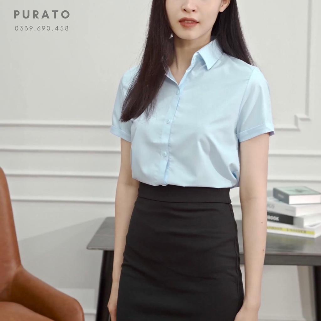 ẢNH ĐỘC QUYỀN CỦA PURATO - Áo công sở màu xanh dương nhạt của nữ không nhăn, không lộ áo trong, ngắn tay và dài tay