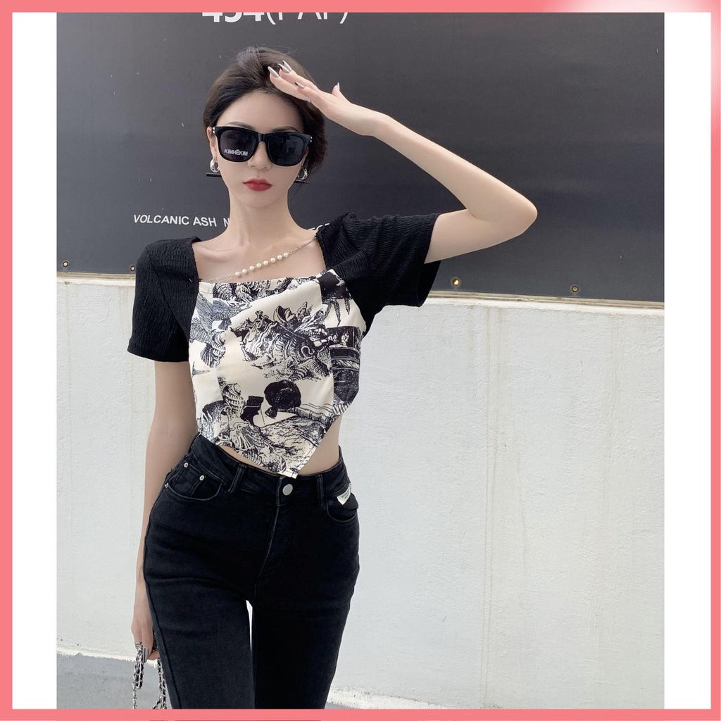 áo khoác croptop nu Áo Thun Ngắn Tay Cổ Vuông Giả Hai Lớp Thời Trang Mùa Hè Cho Nữ