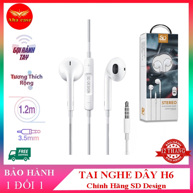 Tai nghe dây nhét tai H6 chính hãng SD Design dùng cho dòng điện thoại jack 3.5mm có mic bảo hành 1 đổi 1