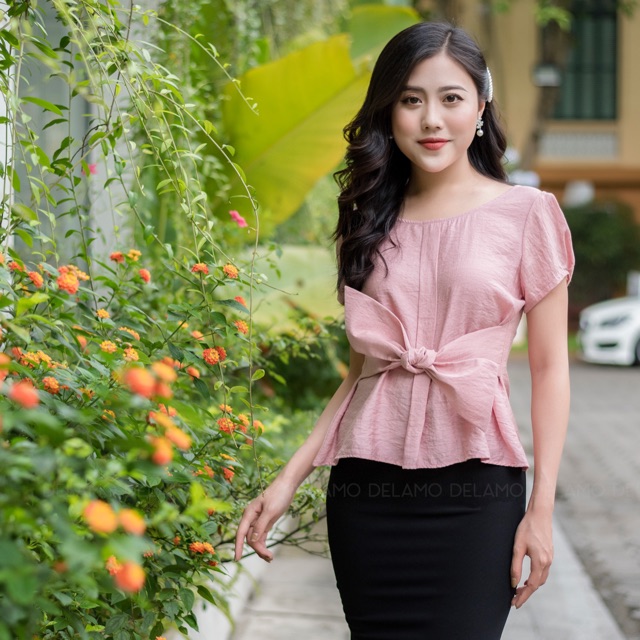 Áo sơ mi buộc nơ eo đũi lụa