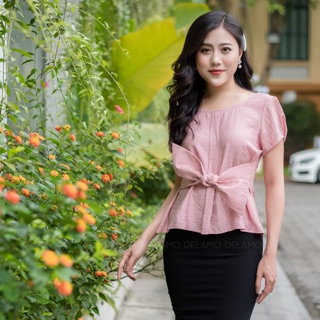 Áo sơ mi buộc nơ eo đũi lụa