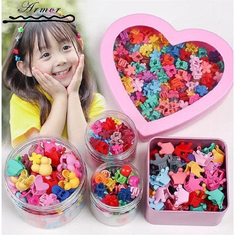 Set 50 kẹp tóc mini thiết kế hoa/ ngôi sao/ tai thỏ/ vương miện nhiều màu sắc đáng yêu dành cho bé gái