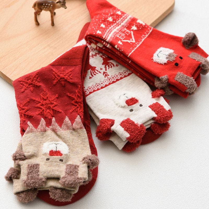 Vớ Cotton Cổ Cao Họa Tiết Tuần Lộc 3D Nhiều Màu Sắc Ấm Áp Thời Trang Cho Nữ