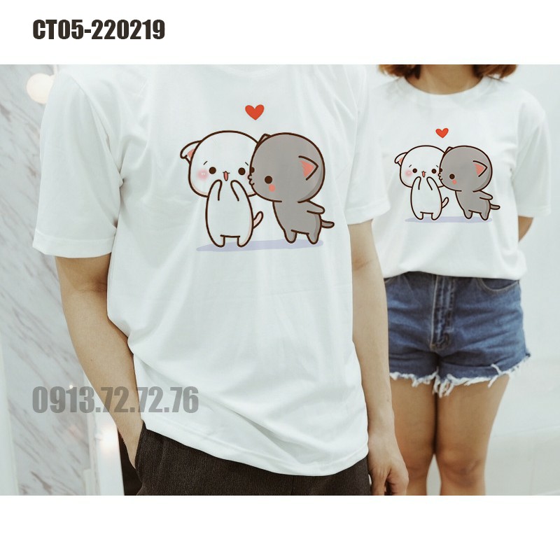 ÁO THUN CẶP ĐÔI MÈO XÁM MÈO TRẮNG NAM NỮCOUPLE KAWAII DỄ THƯƠNG CÓ ÁO BIGSIZE CHO NGƯỜI MẬP BÉO