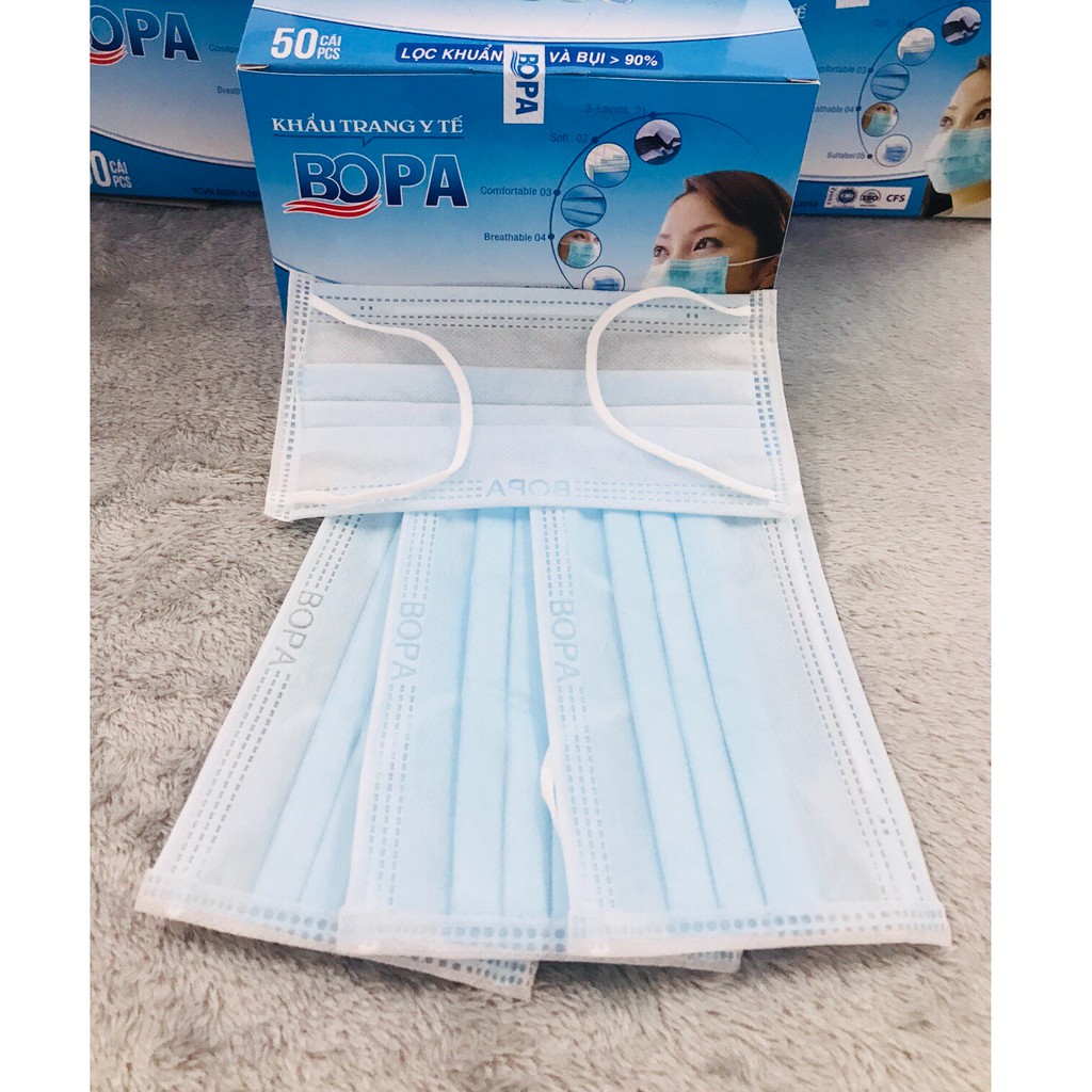 Hộp 50 khẩu trang y tế màu Xanh 4 lớp kháng khuẩn Bopa | BigBuy360 - bigbuy360.vn