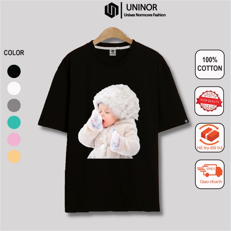 Áo thun unisex nam nữ tay lỡ 100% cotton áo phông form rộng thời trang in hình bé tuyết ADLV-03