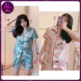Đồ mặc nhà pijama lụa cao cấp bộ ngắn họa tiết hot trend chất lụa loại 1