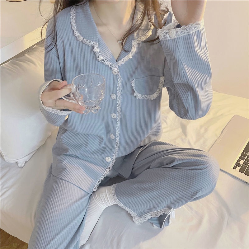 Bộ đồ ngủ tay dài phối ren thời trang xuân thu mới cho nữ