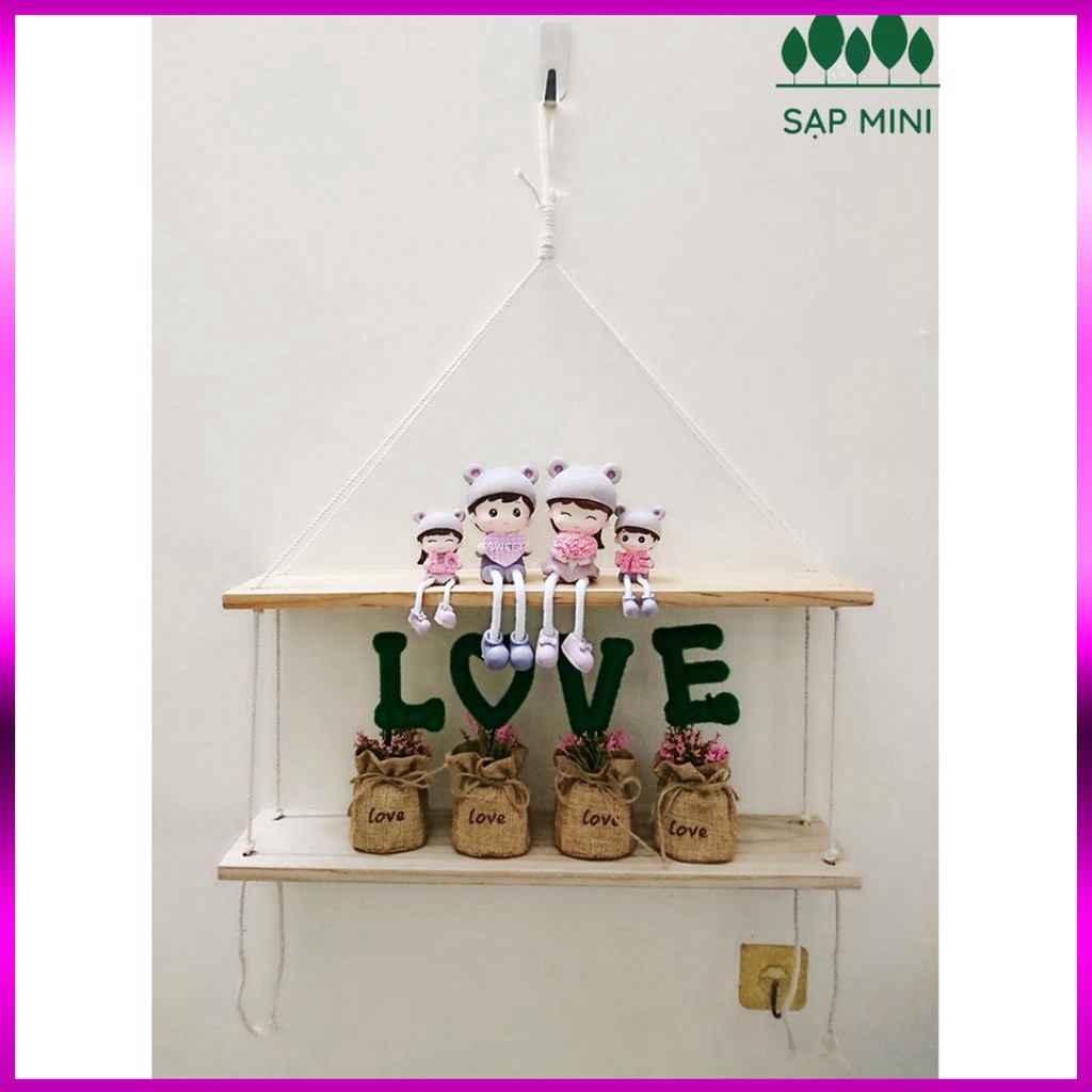 Kệ gỗ treo tường dây thừng Decor 40x10 cm, gỗ quế nguyên tấm, tặng kèm móc treo