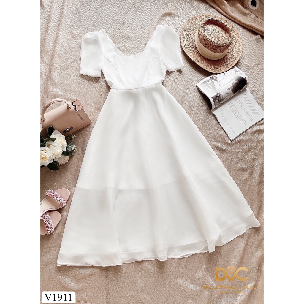 Váy trắng xòe lưng thắt nơ V1911 - Đẹp Shop DVC (Kèm ảnh thật trải sàn do shop tự chụp)