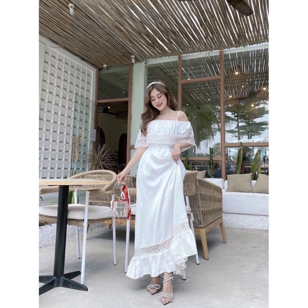 Đầm maxi trắng 2 dây đi biển thiết kế dáng dài trễ vai phối ren quyến rũ thời trang XUKA-DRESS MT101 chất lụa cao cấp | BigBuy360 - bigbuy360.vn