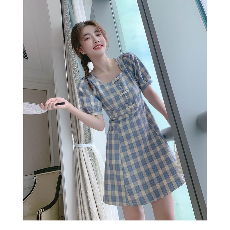 Đầm Chữ A Cổ Vuông Tay Phồng Họa Tiết Kẻ Sọc Xanh Dương Phong Cách Cổ Điển Thời Trang Cho Nữ