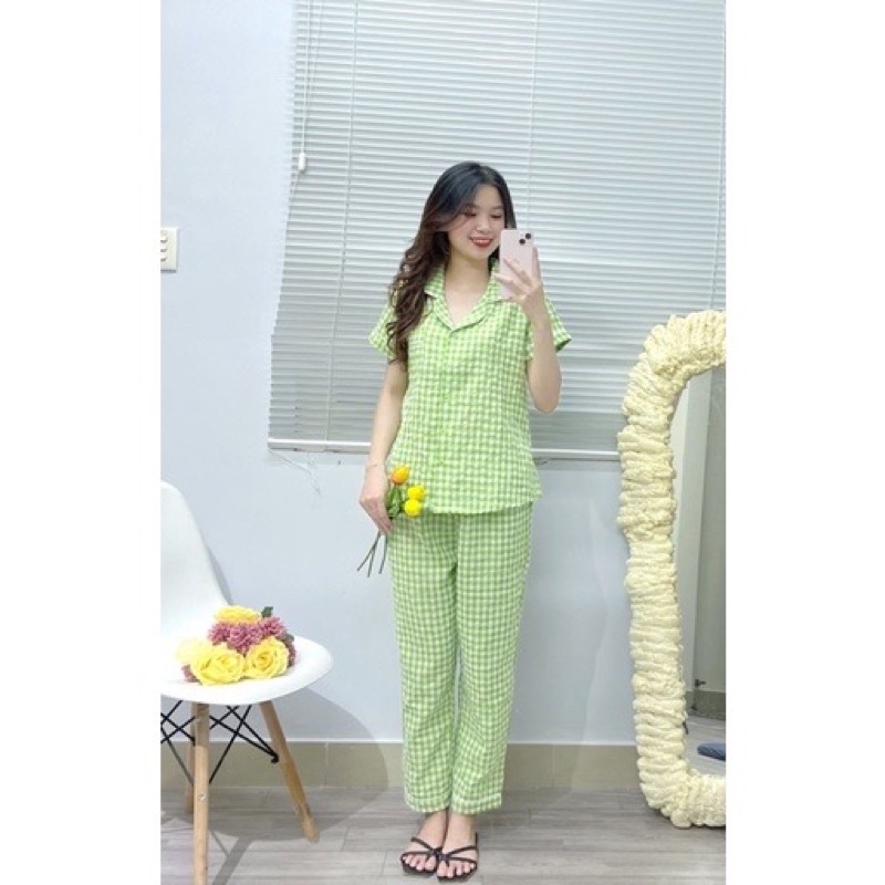 Bộ pijama chất đũi xốp kẻ áo cộc quần dài mặc nhà siêu xinh hàng thiết kế cao cấp