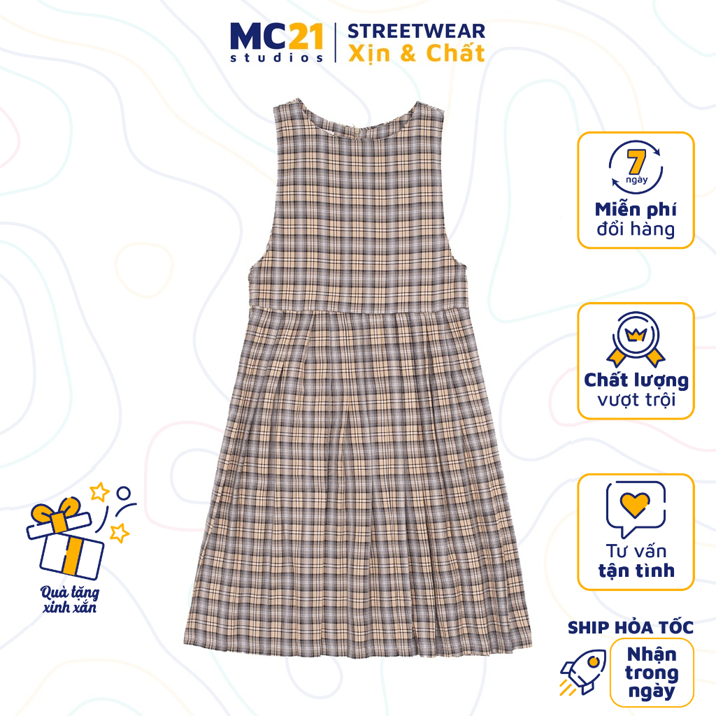 Váy liền kẻ caro Minion Clothing dáng xoè xếp li phong cách Ulzzang Streetwear Hàn Quốc V1914
