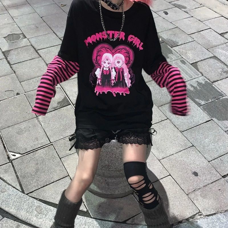 Áo thun đen tai dài dáng rộng phong cách Harajuku thời trang cho nữ