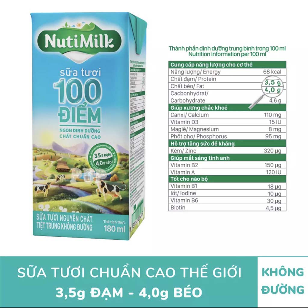 Sữa Tươi  Tiệt Trùng 100 Điểm Không Đường Nutimilk 180ml