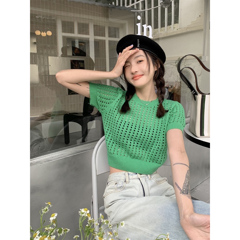 DUNEA Áo Sweater Dệt Kim Tay Ngắn Dáng Rộng Thiết Kế Quyến Rũ Cho Nữ