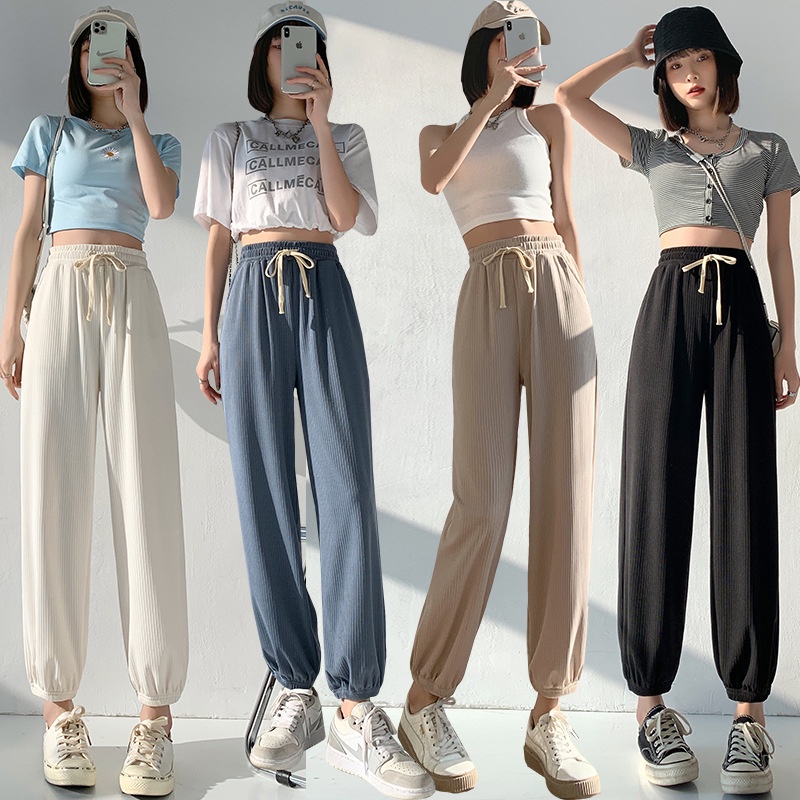 Quần dài IELGY lưng cao ống rộng vải lụa lạnh mỏng thời trang cho nữ