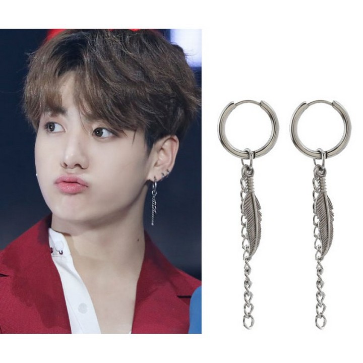 Khuyên tai Jungkook lông vũ hạt tròn bông tai BTS phong cách hàn quốc unisex V Suga Jimin