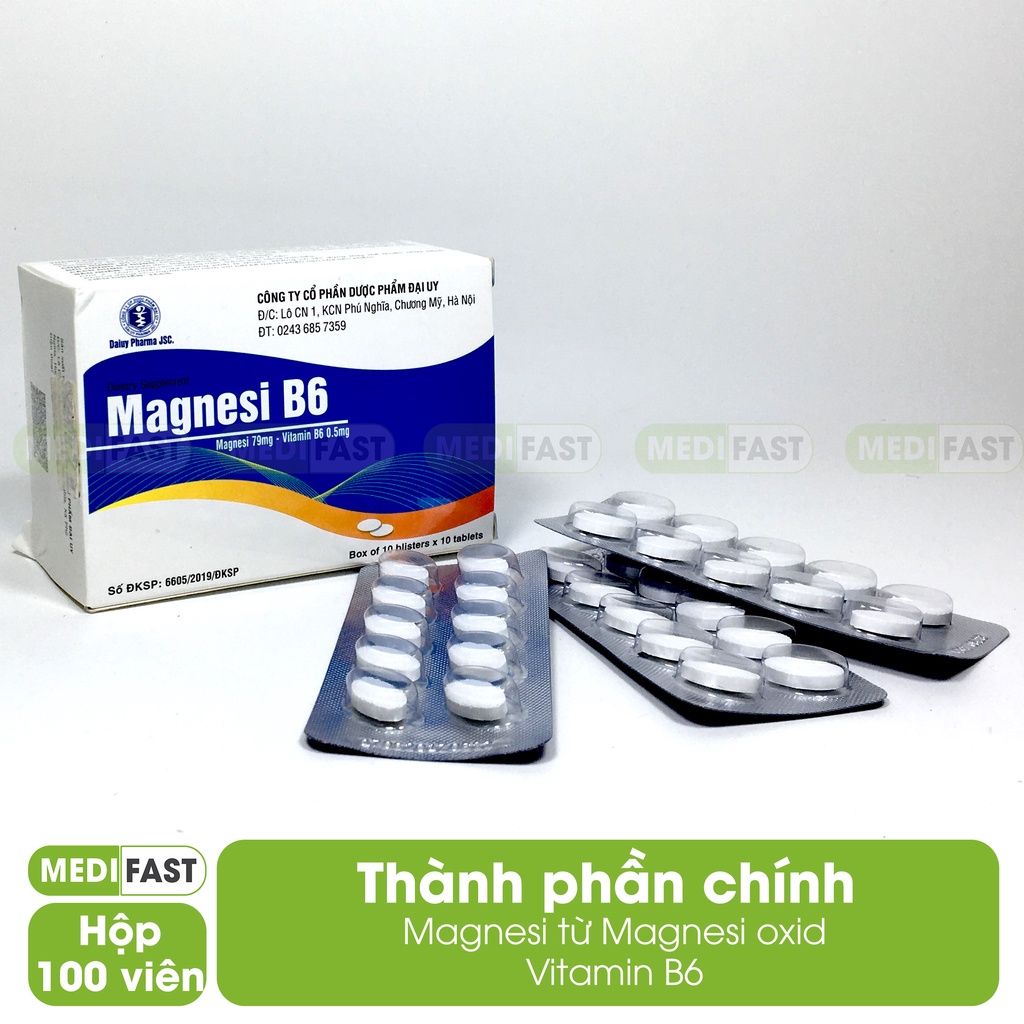 Viên uống Magie B6 Magnasi B6 của dược Đại Uy giảm tê mỏi chân tay, tim đập nhanh, lo âu hồi hộp - Hộp 100 viên