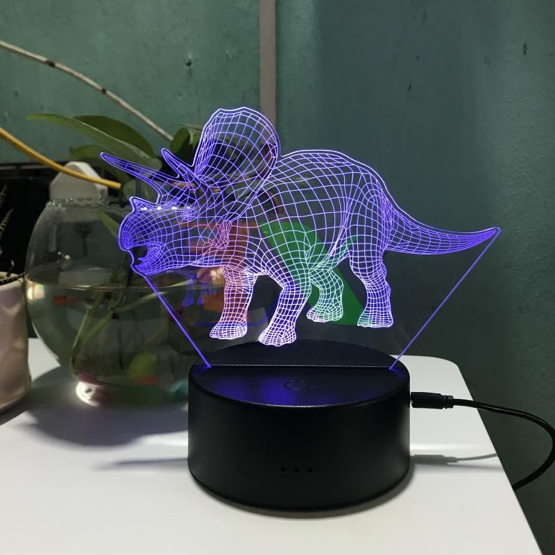 Đèn ngủ, đèn trang trí Led 3D, Đèn ngủ 7 màu mini Khủng Long Triceratop
