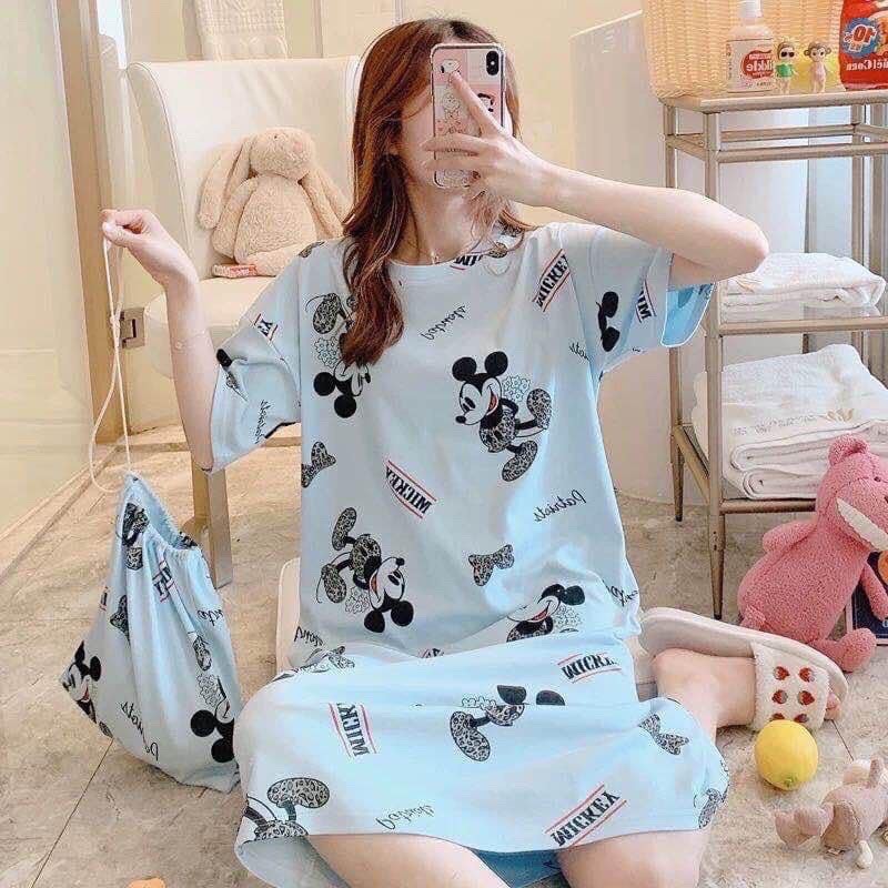 Váy ngủ nữ/ Váy cotton mặc ở nhà in hình siêu cute dáng dài tặng kèm túi dây rút