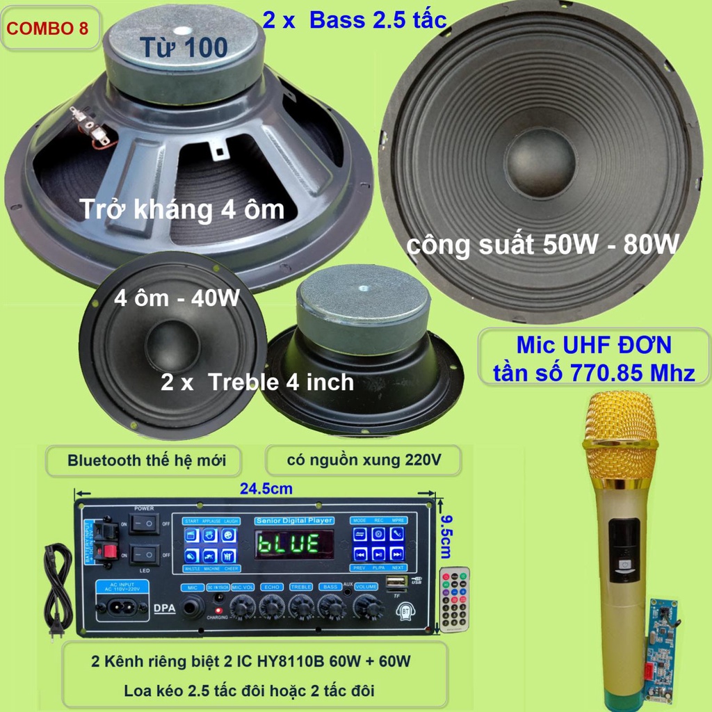 Combo loa kéo 2.5 tấc đôi HY8110B 130W - Karaoke có chống hú – chỉnh Bass Treble Micro – nguồn xung 220V – Guitar điện