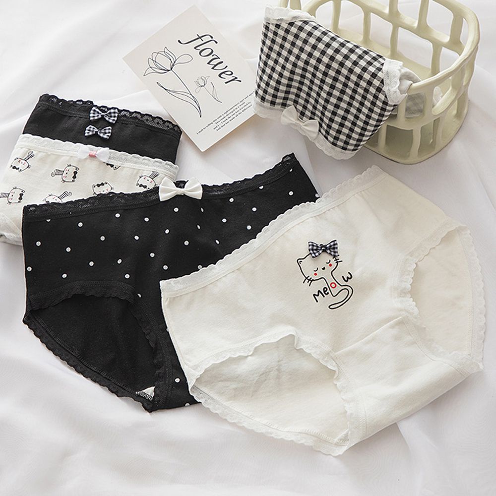 Quần lót cotton lưng vừa thoáng khí họa tiết kẻ sọc phối ren dễ thương phong cách Hàn Quốc cho nữ
