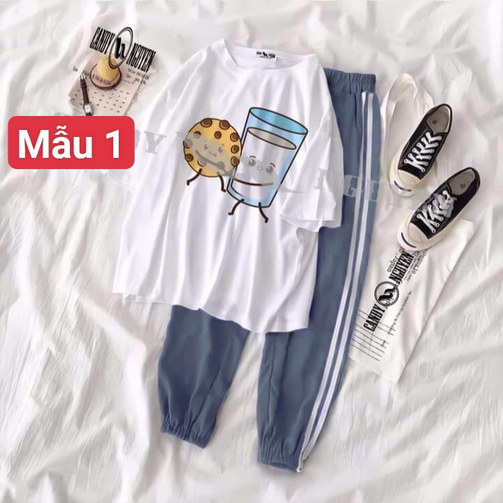 Sét bộ áo thun hình cute 1 + quần bo sọc xám (5421) 95