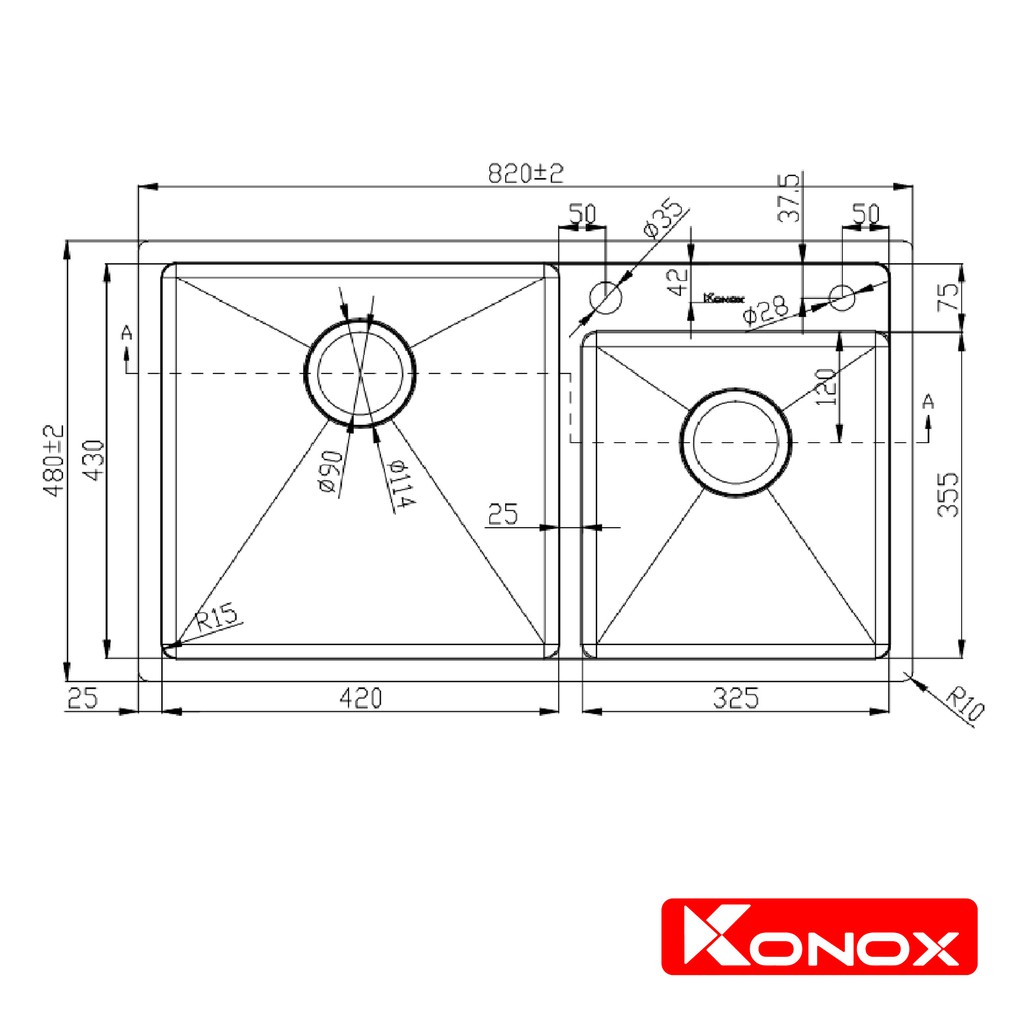 Chậu rửa bát inox KONOX Overmount Series KN8248DO, inox 304, full set gồm Siphon+Giá úp bát inox