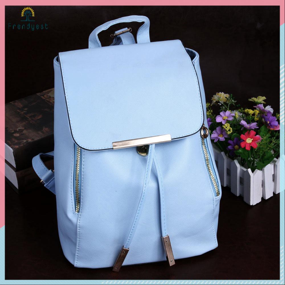 Preppy Style Women Pure Color PU Backpack Casual Ladies Drawstring Knapsack