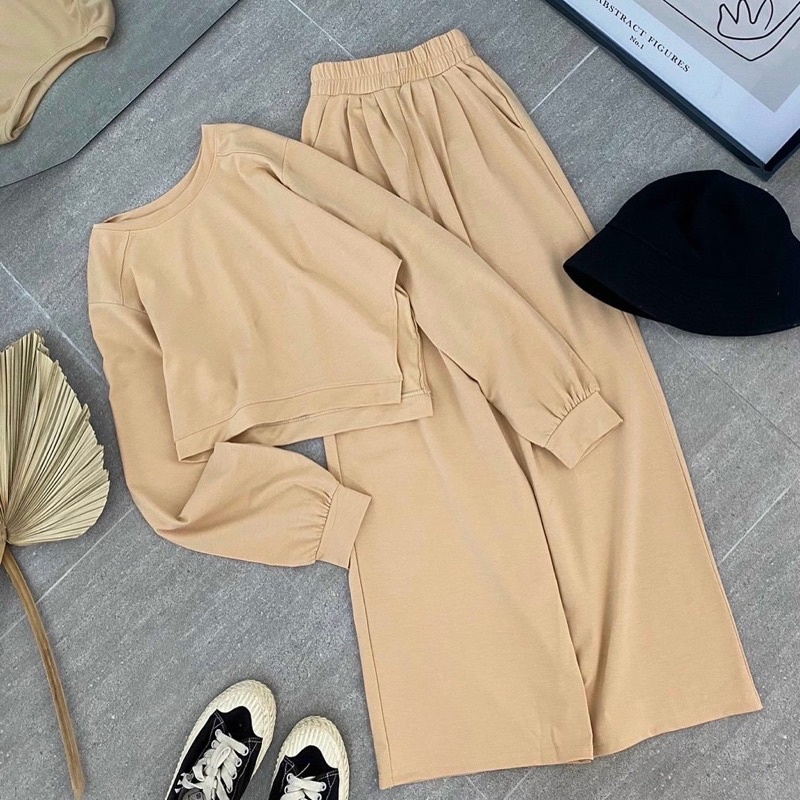 SET ÁO SWEATER LỆCH TÀ + QUẦN SUÔNG