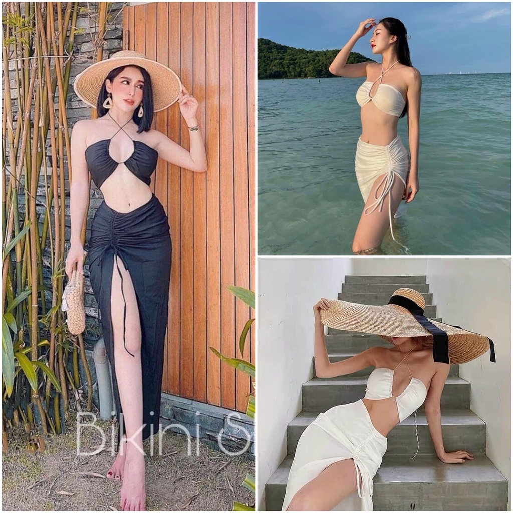 Bikini set đồ bơi 3 chi tiết kèm váy kín đáo thanh lịch Áo tắm đi biển 2 mảnh che bụng SET02