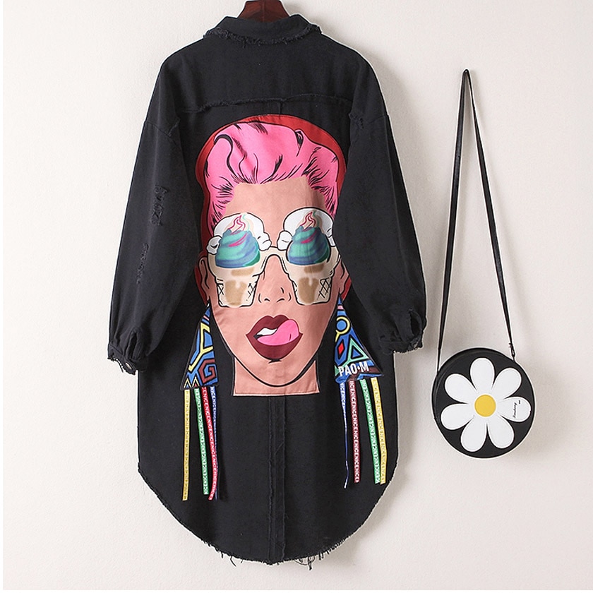 Spring and autumn Korean women's fashion casual all-match mid-length trench coat Harajuku trendy plus size denim jacket