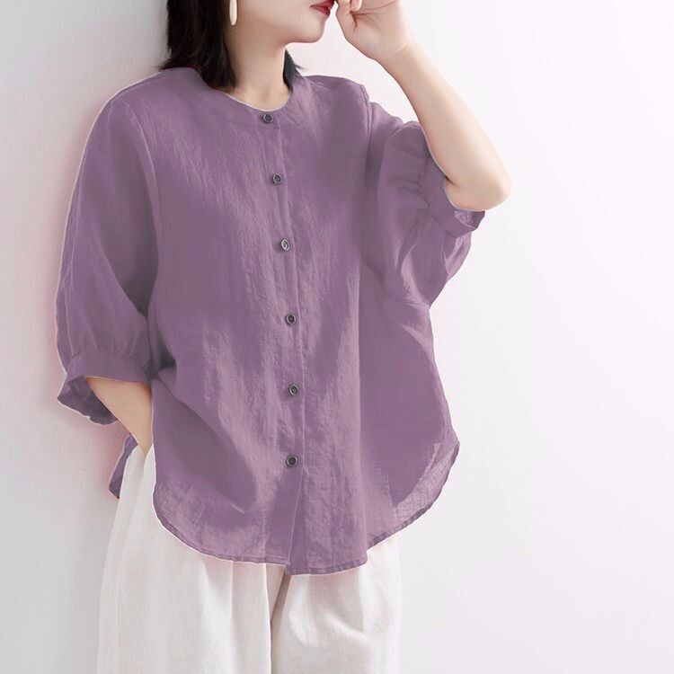 Áo Sơ Mi Cotton Lanh Mỏng Tay Phồng Dáng Rộng Màu Trơn Cổ Điển Thời Trang Cho Phụ Nữ Trung Niên